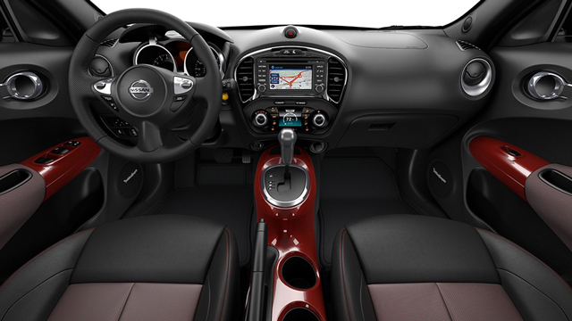 2017 Nissan JUKE SL interior shown in Black/Red Leather with red interior accessories